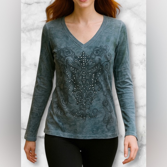 Green Source Tops - Green Source Y2K Studded Embelished V Neck Paisley Tunic Top Rock Grunge Size L